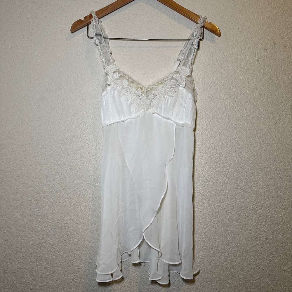 Flora Size Small Top Camisole Babydoll Chemise White Sheer‎ Lace Floral Tie Y2K